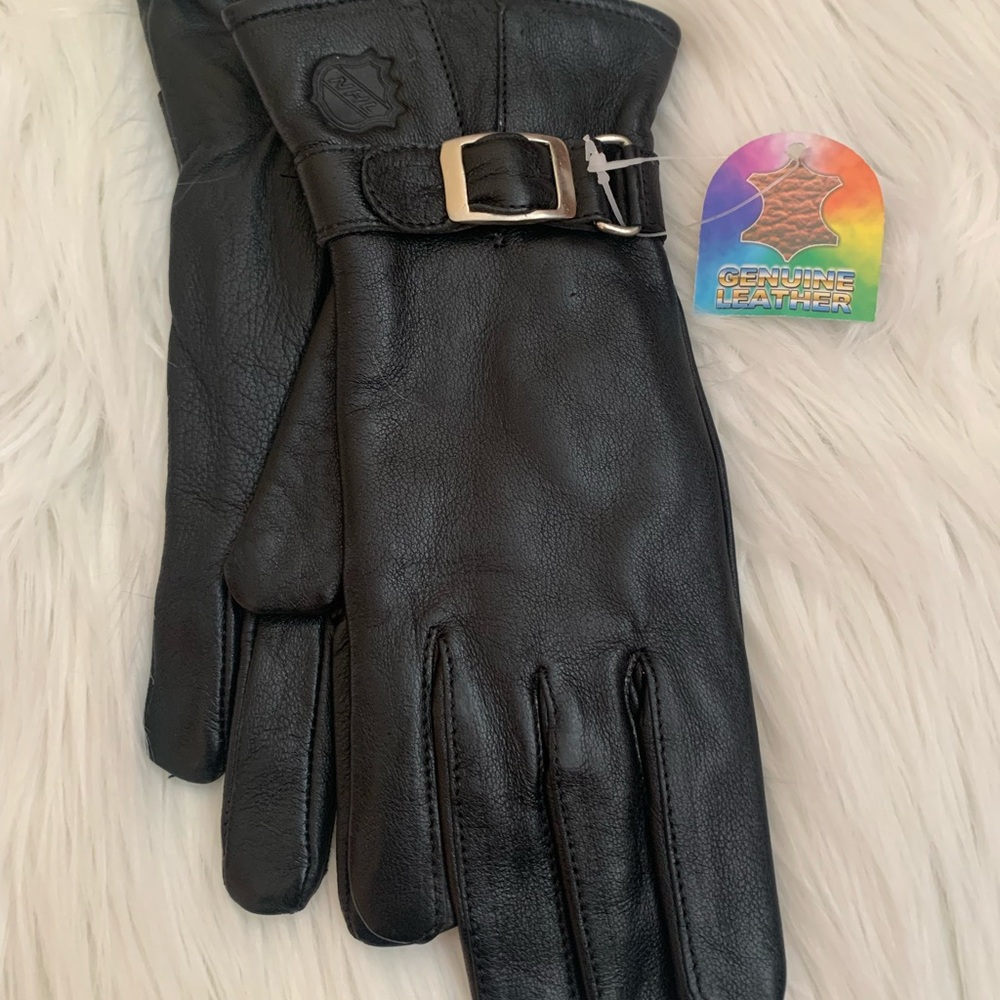Ladies, black, genuine, leather buckle gloves, size small with NHL Logo NWT